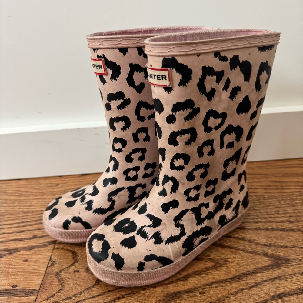 Girls Pink Leopard Print Hunter Boots - size 11 US